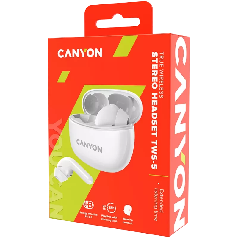 Canyon TWS-5 Bluetooth ausinės su mikrofonu, BT V5.3 JL 6983D4, dažnių diapazonas: 20Hz-20kHz, baterija: ausinėse 40mAh*2 + įkrovimo dėklas 500mAh, Type-C