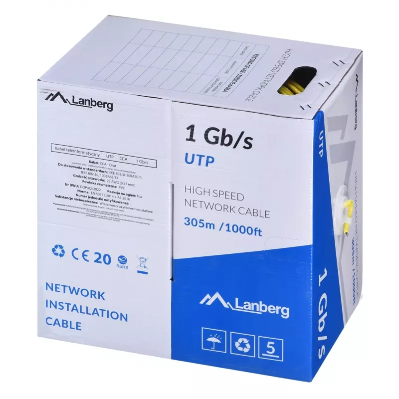 Tinklo kabelis LANBERG LCU6-10CC-0305-Y U/UTP Cat6 305 m Geltonas, 23 AWG, 250 MHz