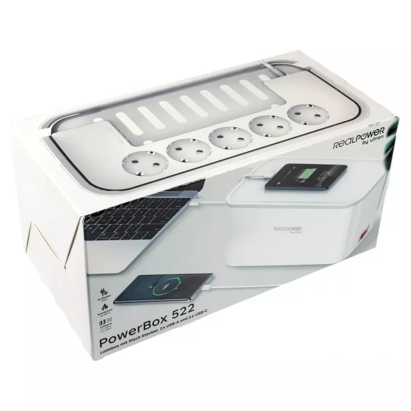 Maitinimo ilgintuvas RealPower PowerBox 522 1,5 m 5 kintamosios srovės lizdai Patalpose Baltas
