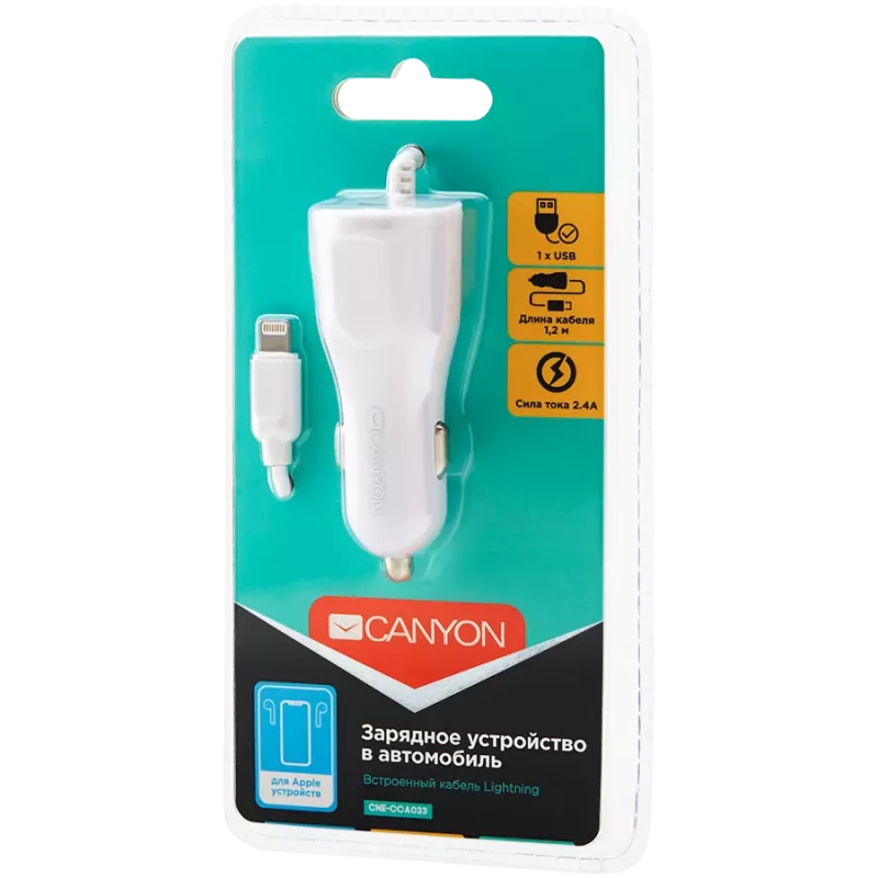 CANYON automobilinis kroviklis C-033 2.4A/USB-A su integruotu Lightning laidu Baltas