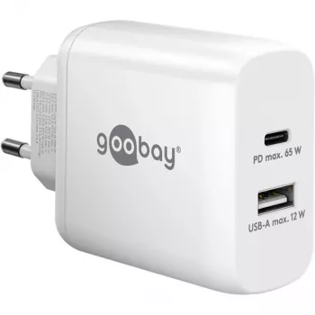 USB-C dviejų greitų įkroviklių, PD, GaN, 65 vatų (baltas, 1x USB-C, 1x USB-A, maitinimo tiekimas)
