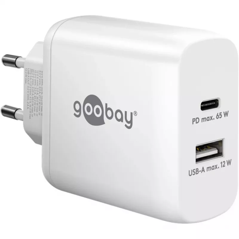 USB-C dviejų greitų įkroviklių, PD, GaN, 65 vatų (baltas, 1x USB-C, 1x USB-A, maitinimo tiekimas)