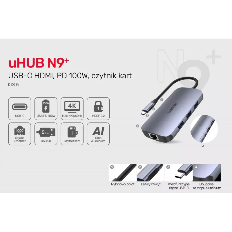 UNITEK D1071A sąsajų šakotuvas USB 3.0 SuperSpeed 5 Gb/s sidabrinis