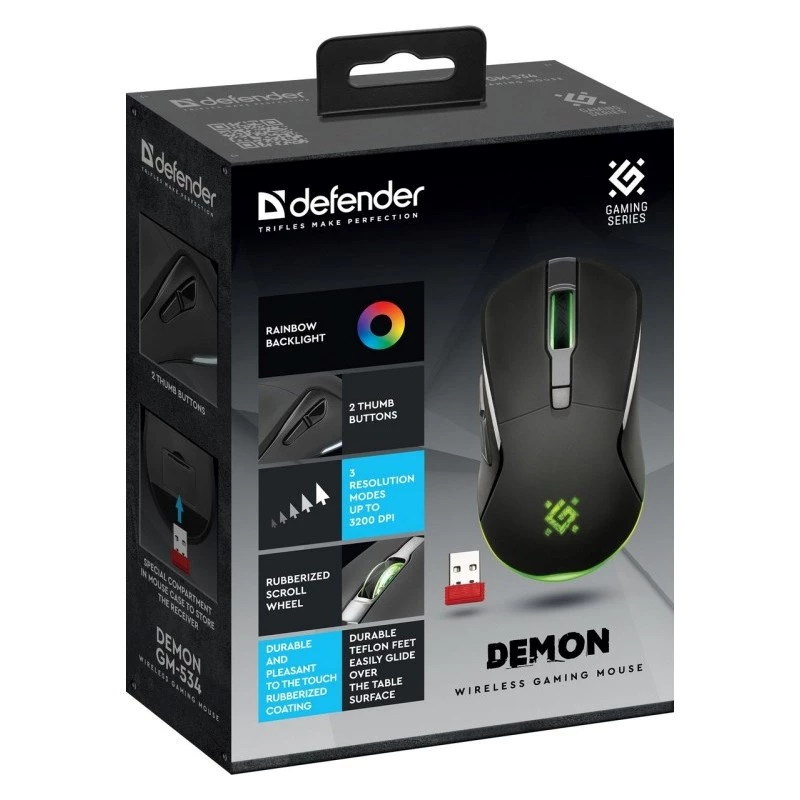 Belaidė žaidimų pelė DEFENDER Demon GM-534 RF, abiem rankoms tinkama, 3200 DPI, 5 mygtukai, 2,4 GHz USB-A nano imtuvas