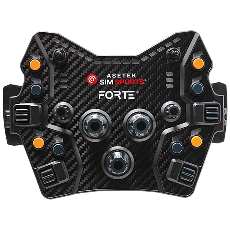 Valdymo pultas Asetek SimSports Forte GT — kompaktiškas lenktynių valdymo skydelis su konfigūruojamais mygtukais ir rotaciniais kodavimo įrenginiais