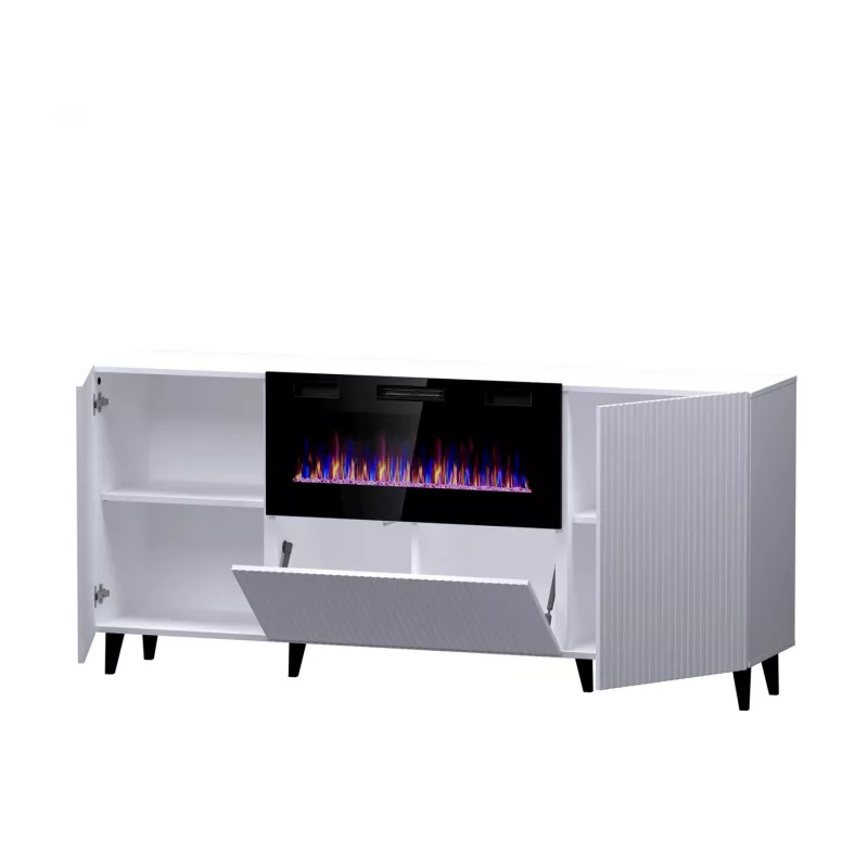 Komoda su elektriniu židiniu Cama Meble PAFOS, 180x42x82 cm, balta matinė, 1400–1600 W, be rankenų, 3 durys, 2 lentynos