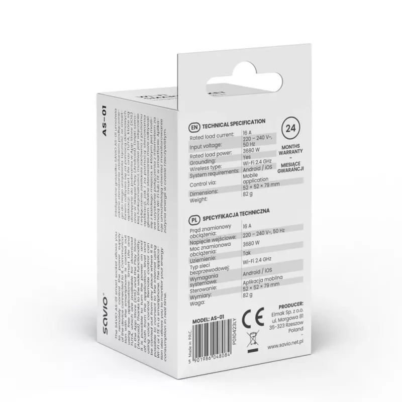 Išmanusis lizdas SAVIO AS-01 16A Wi‑Fi 2.4 GHz, E/F tipo kištukas, 220–240 V, 3680 W, baltas