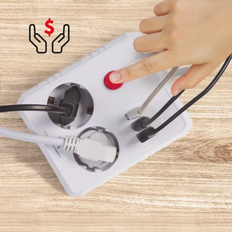 Maitinimo šakotuvas MACLEAN MCE387 W — 2 lizdai, 3×USB A, 110–240 V, 2500 W, 1,5 m kabelis, baltas