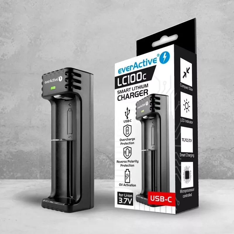 Baterijų įkroviklis everActive LC100C USB-C Li‑Ion elementams, USB-C įvestis, modelis LC100C