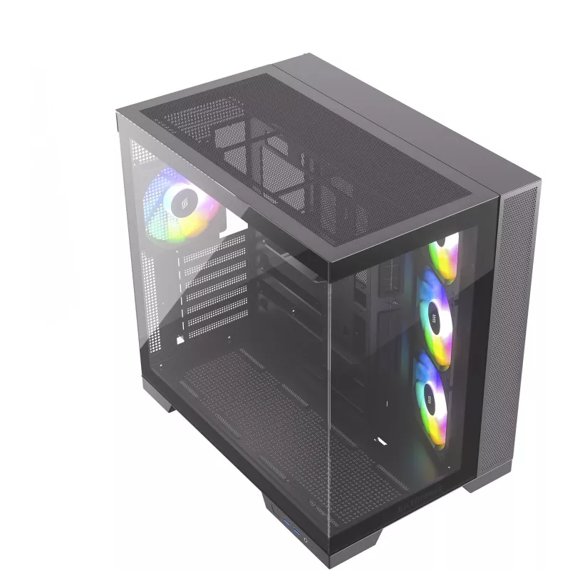 Silentware View A-RGB Juoda PC korpusas VIEWJuoda — vidutinio dydžio bokšto korpusas su A-RGB apšvietimu