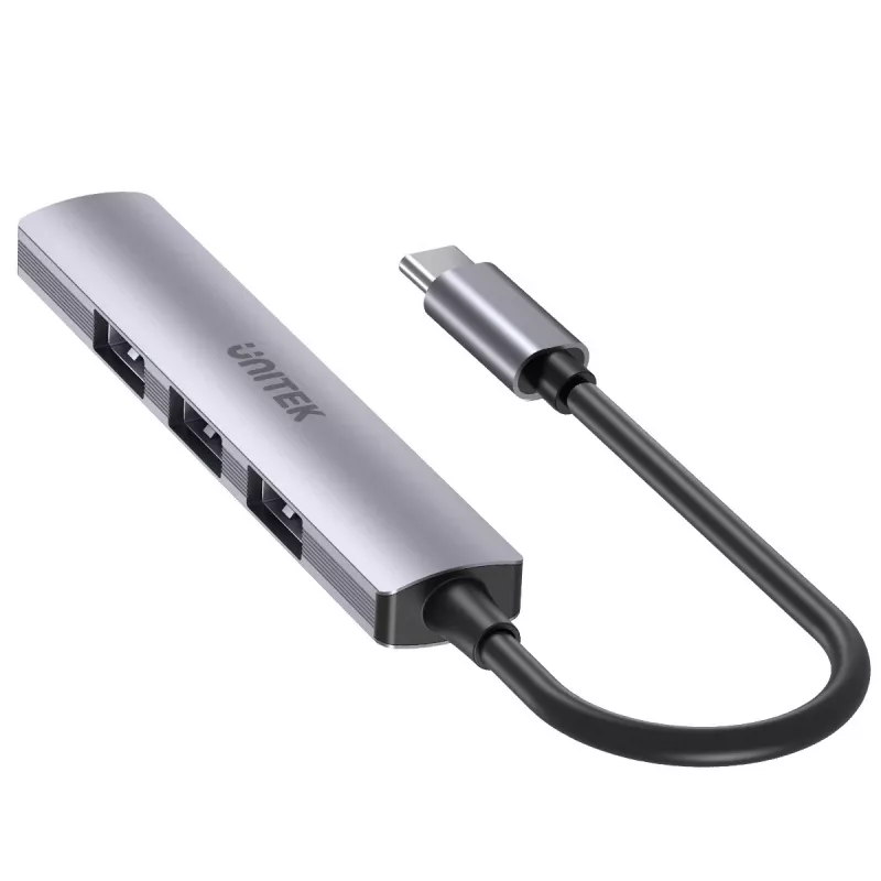 USB-C šakotuvas Unitek H1208B — 1x USB-A 5 Gbps, 3x USB-A 2.0, USB-C priegloba, aliuminio korpusas, 0,20 m laidas