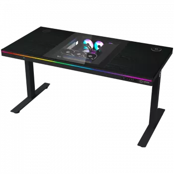 Dviejų variklių reguliuojamo aukščio sėdėjimo/stovėjimo žaidimų stalas su įmontuotu kompiuterio korpusu, belaidžiu įkrovikliu, RGB apšvietimu, valdymo skydeliu ir USB prievadais, PB melamino paviršiaus stalviršis, juodas.