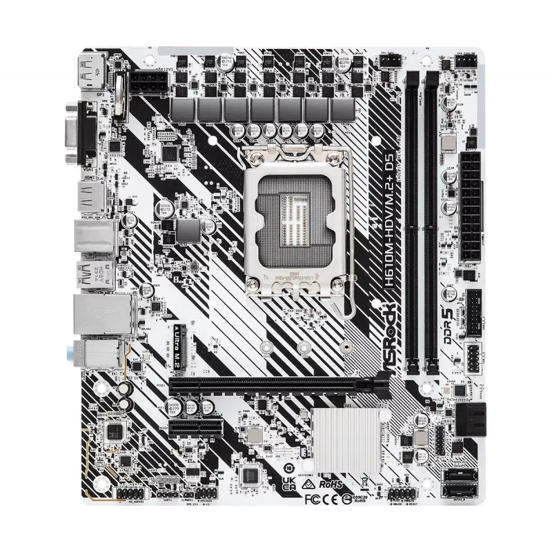 Mikroplokštė ASRock H610M-HDV/M.2+ D5 — Intel H610, LGA 1700, microATX, 2× DDR5 DIMM, M.2, HDMI 2.1, DP 1.4