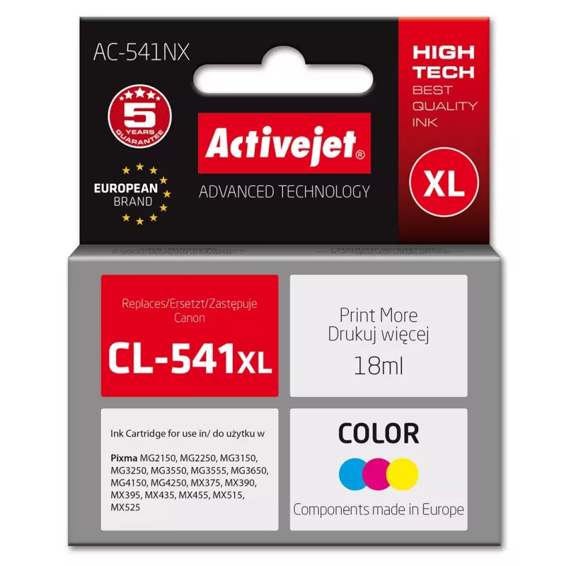 Activejet AC-541NX rašalas Canon spausdintuvui (pakaitalas Canon CL-541XL) Supreme, 18 ml, žalsvai mėlyna, geltona, purpurinė