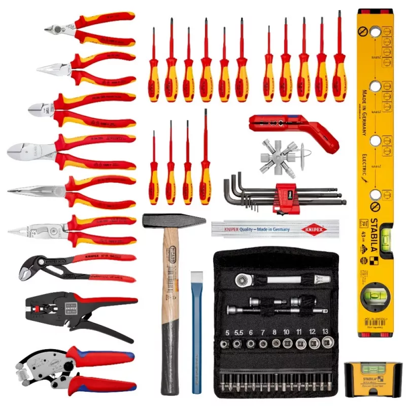 Mechanikos įrankių rinkinys Knipex 00 21 06 — 68 įrankiai, su ilgosiomis replėmis ir vandens pompos replėmis, raudoni/geltoni įrankiai, juodas lagaminas (515×438×265 mm)