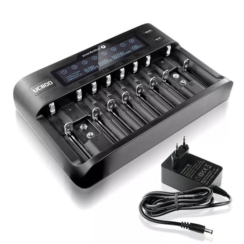 Baterijų įkroviklis everActive UC-800 AC 12 V 3 A – skirtas LiFePO4 / LiPo / NiMH, palaiko AA / AAA / 9 V, iki 10 baterijų, 12 V įvestis, įmontuotas ekranas, juodas