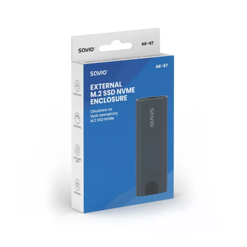 M.2 SSD korpusas SAVIO AK-67 pilkas, USB 10 Gbit/s, vieno M.2 disko palaikymas