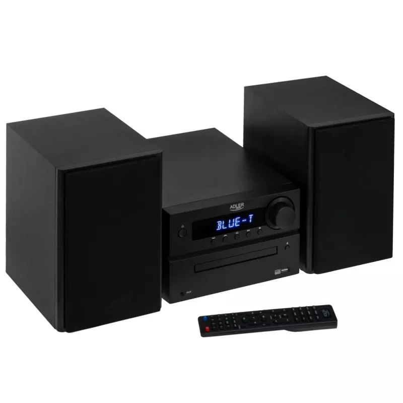 Mini Hi-Fi stereosistema Adler AD 1917 — Bluetooth V5.3, CD/USB/MP3, 2×25W RMS, FM imtuvas, 4 juostų ekvalaizeris, AUX, juoda