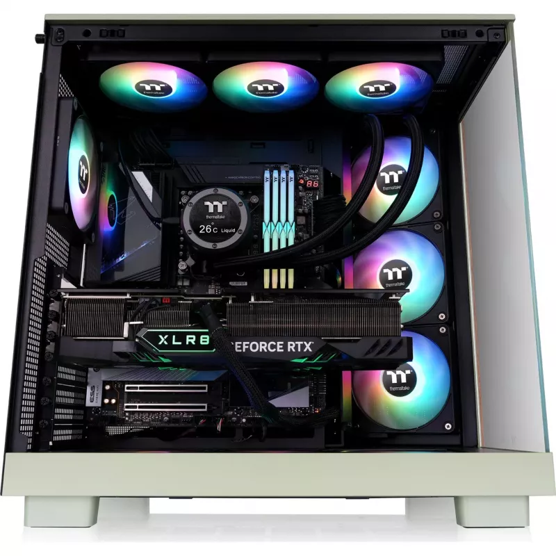 View 380 XL WS ARGB , Tower-Enclosure Light Green/Wood, Tempered Glass x 2, Wood Texture