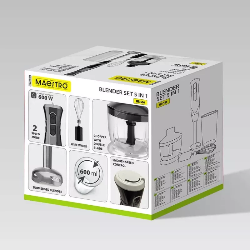 Rankinis trintuvas Maestro MR-566, 500 W, 2 greičiai, turbo, plakiklis, smulkintuvas 600 ml, 900 ml laikymo indas, nerūdijantis plienas