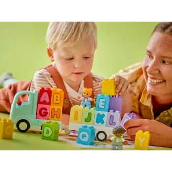 Konstruktorius LEGO DUPLO 10421 ABC sunkvežimis, 36 dalys, 2 minifigūrėlės, nuo 2 metų, matmenys 110×140×70 mm