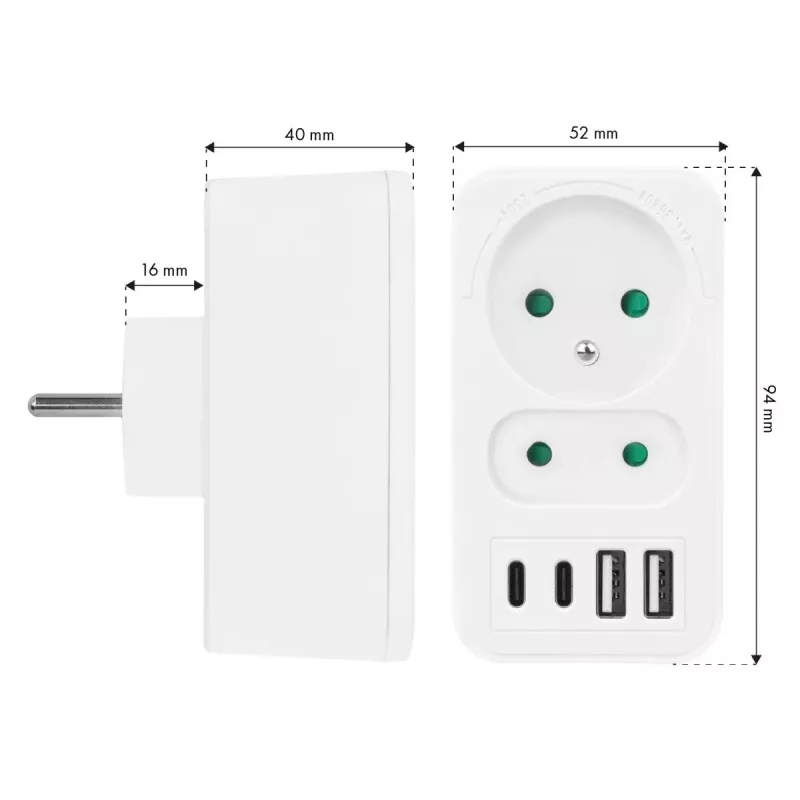 Maitinimo skirstytuvas MACLEAN MCE249 F/W — 2x maitinimo lizdai (16A + 6A) ir 4x USB (2x A, 2x C PD 20W)