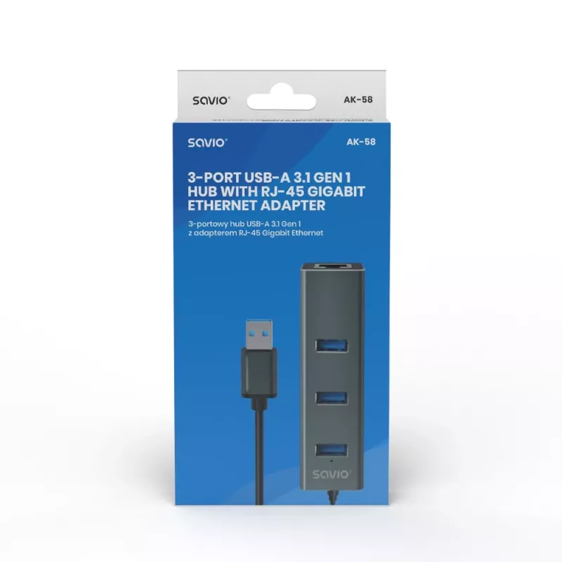 SAVIO USB-A šakotuvas su RJ-45 Gigabit Ethernet AK-57 — 3× USB-A + RJ-45, USB 3.2 Gen 1 Micro‑B prieglobos prievadas, 5 Gbit/s, 4 prievadai, pilkas