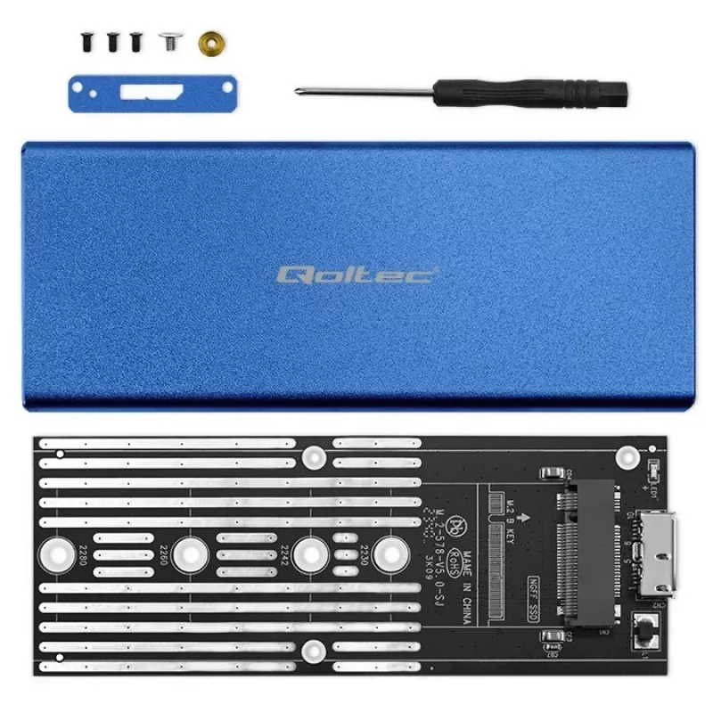 SSD dėžutė QOLTEC 51832 — išorinė M.2 SATA, USB 3.0, iki 2 TB, mėlyna, palaiko 30 mm diskus, 4 lizdai