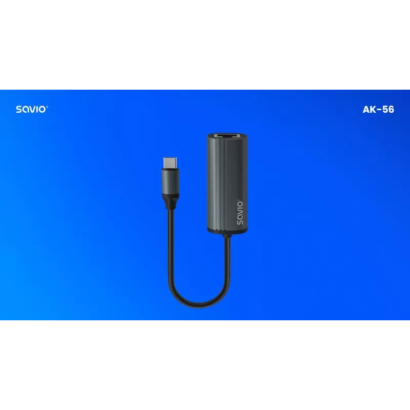 SAVIO Adapter USB-C 3.1 Gen.1 (M) į RJ-45 Gigabit Ethernet (F), 1000 Mbps, AK-56, pilka