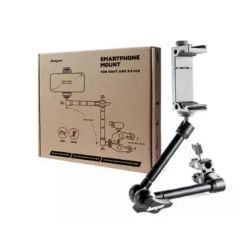 Išmaniojo telefono laikiklis deeper ITGAM0026 baidarėms ir valtims — aliuminis, reguliuojamas kampas, C formos spaustukas iki 41 mm, telefono tarpas 65–95 mm