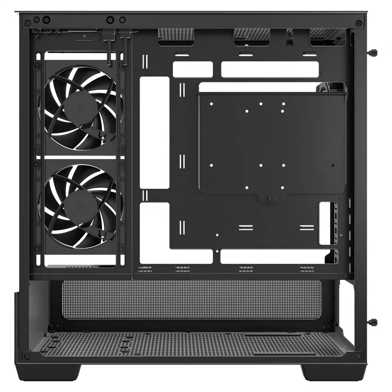 PC Midi Tower DeepCool CG380 3F — juoda, 235×437×451 mm, palaiko 2×120 mm šoninius + 1×120 mm galinį ventiliatorius, apatinis maitinimo blokas, 2,5 colio/3,5 colio HDD