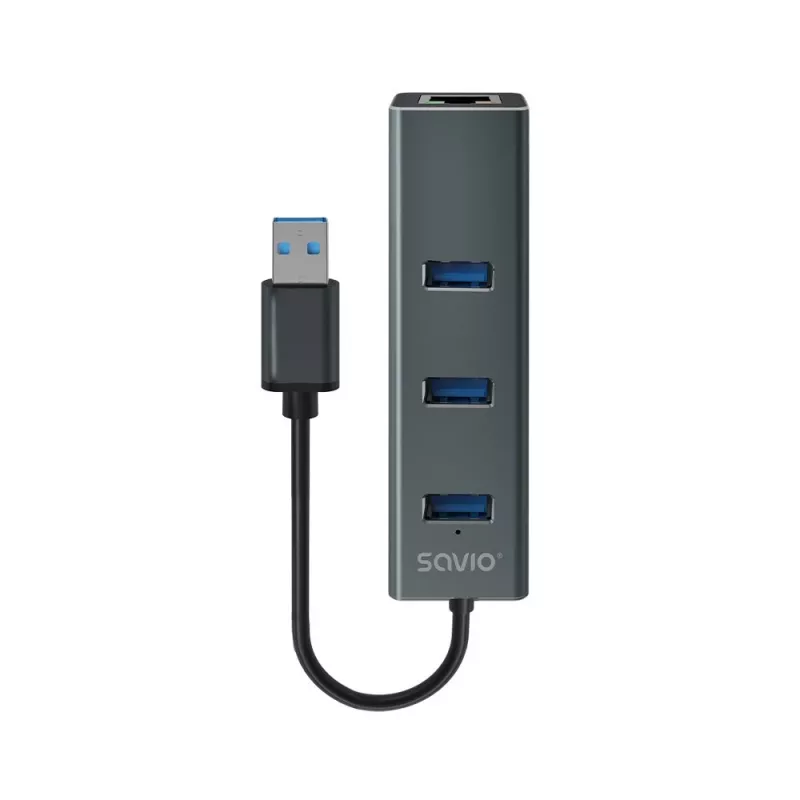 SAVIO USB-A šakotuvas su RJ-45 Gigabit Ethernet AK-57 — 3× USB-A + RJ-45, USB 3.2 Gen 1 Micro‑B prieglobos prievadas, 5 Gbit/s, 4 prievadai, pilkas