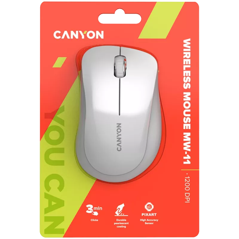 CANYON MW-11, 2,4 GHz belaidė pelė, su 3 mygtukais, 1200 DPI, Baterija: AAA*2 vnt., perlų baltumo pilka 67*109*38 mm 0,063 kg