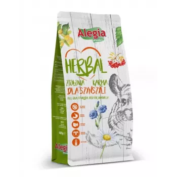Sausas ėdalas Alegia Herbal šinšiloms 600 g — visavertis suaugusių šinšilų pašaras, be grūdų, be glitimo, vaisių skonio