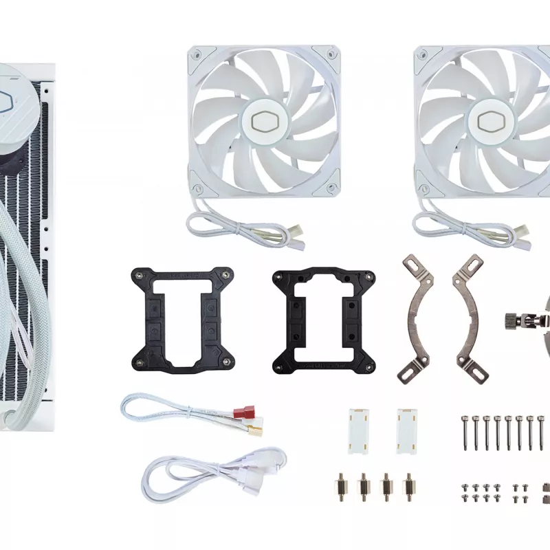 Skysčio aušinimo komplektas Cooler Master MasterLiquid 240L Core ARGB White — 240 mm radiatorius, 120 mm ventiliatoriai, palaiko LGA1700/AM5/AM4 ir senesnius lizdus