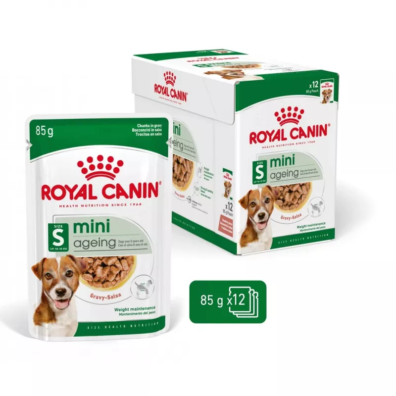 Šlapias šunų ėdalas Royal Canin Mini Ageing 12+ Adult paketėlis 85 g — mažos veislės, paukštiena, vyresnio amžiaus
