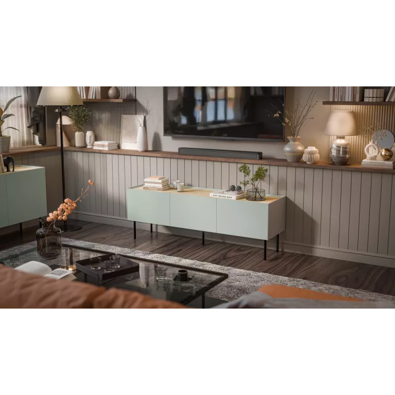 Cama FELLINI TV spintelė 150x40x52 alyvuogių + alyvuoto ąžuolo stalviršis