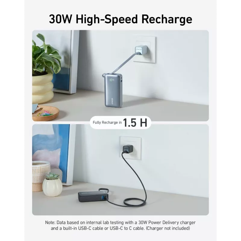 Powerbank 545 NANO 30W 10000mAh su įmontuotu USB-C laidu, juoda