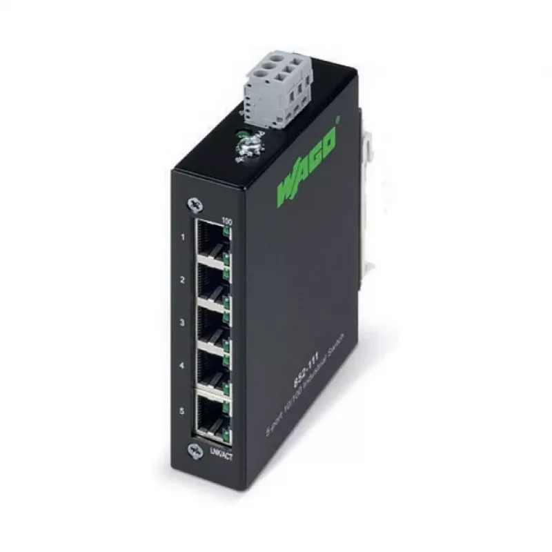 Tinklo komutatorius Wago 852-111 — 5 prievadų Fast Ethernet (10/100), pilnas dvipusis ryšys, 18–30 V DC