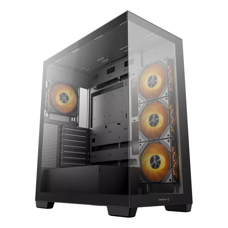 PC korpusas DeepCool CG580 4F Midi Tower — ATX/ITX/MicroATX, grūdintas stiklas, 3×120 mm + 1×120 mm ventiliatoriai, 2×3,5 col. ir 2×2,5 col., USB-A×2 USB-C×1, juodas