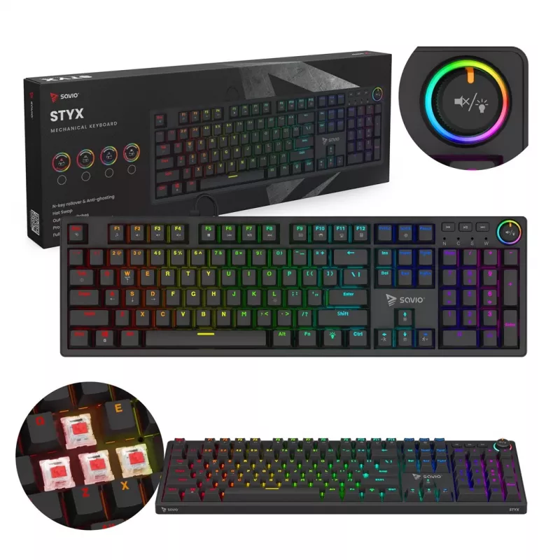 Mechaninė žaidimų klaviatūra SAVIO STYX Outemu Red — pilno dydžio 104 klavišų USB laidinė, RGB, ANSI US International, 1,5 m, juoda