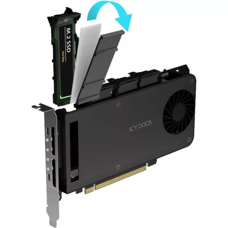 Mobilaus stovo adapterio kortelė icy dock MB204MP-1B — 4 × M.2 NVMe SSD karšto keitimo mobilus stovas