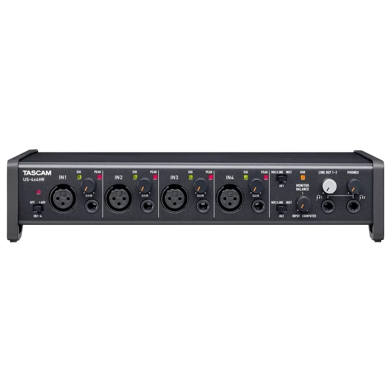 Garso sąsaja Tascam US-4X4HR – 4x XLR combo, 4 analoginiai išėjimai, 56 dB mikrofono priešstiprintuvis, 192 kHz, USB 2.0, stalinė, juoda