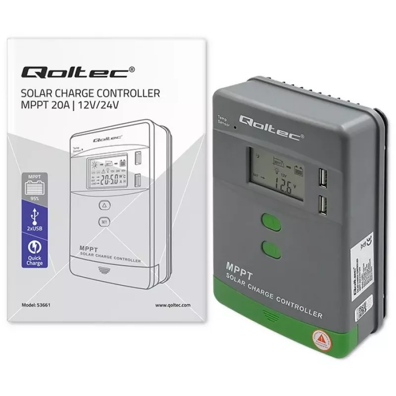 Qoltec, saulės MPPT įkrovimo valdiklis su temperatūros jutikliu 20A 12V/24V Ekranas LCD 2 x USB