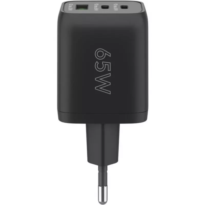 USB-C greitasis įkroviklis Nano, PD, GaN, 65 W, USB-C pintas laidas (juodas, 1x USB-A, 2x USB-C PD, greitasis įkrovimas 3.0, 1 metro laidas)