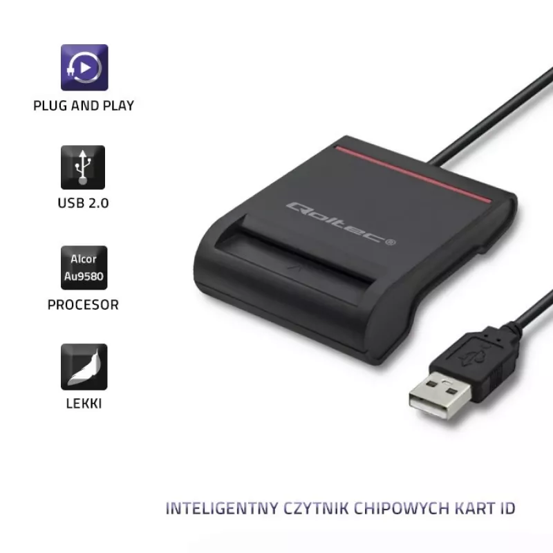 ID kortelių skaitytuvas QOLTEC Smart chip ID card scanner — USB, juodas, 84,5×65×16 mm, 63 g