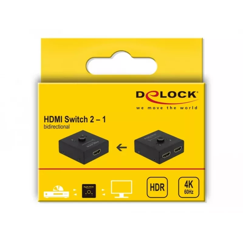 DeLock HDMI 2 į 1 dvikryptis kompaktiškas 4K 60 Hz jungiklis - Mažmeninė dėžutė - Vaizdo/garso jungiklis - 2 x HDMI - Staliniam naudojimui (64072)