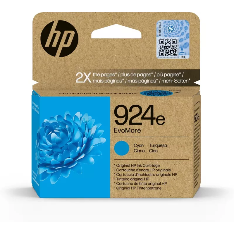 HP 924e EvoMore Cyan Original kasečių rašalas, didelės (XL) talpos, mėlynas, 1 vnt., 800 puslapių, vienetinis paketas