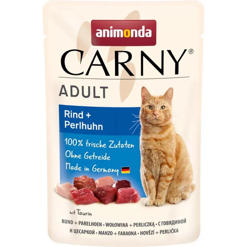 Drėgnas kačių maistas animonda Carny Adult Jautiena ir Perlinės vištos 85 g paketėlis, be grūdų, be glitimo ir be cukraus