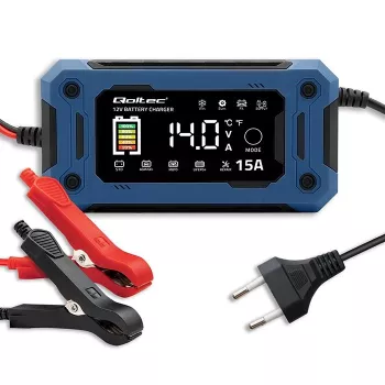 Išmanusis 12V 15A QOLTEC įkroviklis su mikroprocesoriumi ir LCD — AGM, GEL, SLA, EFB, LiFePO4 akumuliatoriams